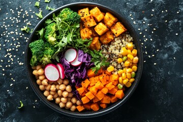 Vegan buddha bowl with sweet potato, quinoa, chickpeas, soybeans edamame, tofu, corn, cabbage, radish, broccoli and seeds, black table background, top, Generative AI
