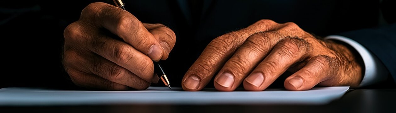 A person is holding a pen while writing on a paper