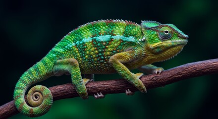 Obraz premium Vibrant Chameleon on Branch - A vivid green chameleon with intricate patterns rests on a dark brown branch against a blurred green background