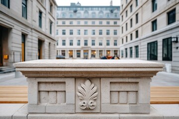 Fototapeta premium Elegant stone bench in a historic courtyard surrounded by classic architecture at dusk