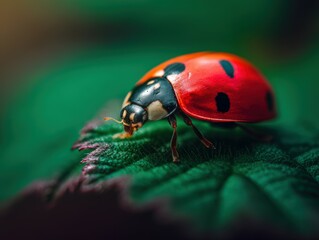 Fototapeta premium Bright ladybug perched on a vibrant green leaf