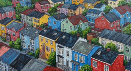 Fototapeta premium Vibrant Cityscape: A Bird's Eye View of Colorful Houses - A vibrant painting depicting a dense collection of colorful houses viewed from above, symbolizing community, diversity, urban life, harmony