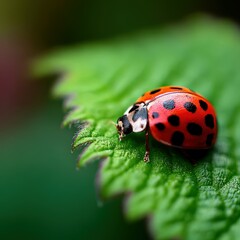 Fototapeta premium Colorful ladybug resting on a green leaf in nature