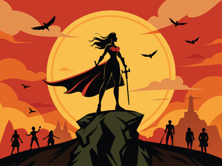 Silhouette of a female warrior standing tall on a cliff edge, cape flowing in the wind, body marked with battle scars