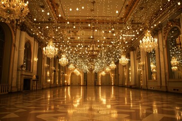 Obraz premium A large, ornate ballroom decorated with twinkling lights, perfect for a special occasion, A grand ballroom adorned with twinkling lights
