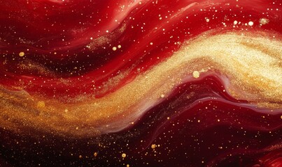 Red liquid with tints of golden glitters. Red background with a scattering of gold sparkles. Magic Galaxy of golden dust particles in red fluid with burgundy, Generative AI