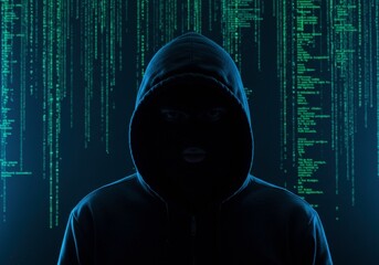 Man in balaclava accessing digital code, hacker threat visualization, cybersecurity awareness promotion, digital security education template, crime concept