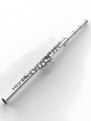 Obraz premium Silver Flute on White: A gleaming silver flute rests elegantly on a pristine white background, its intricate keys and seamless body reflecting light.