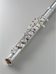 Fototapeta premium Musical Instrument Elegance: A detailed, studio shot of a gleaming silver flute, its keys reflecting light with precision. The image embodies a serene, classical music experience.