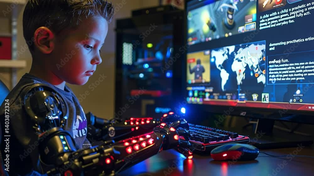 Leinwandbilder a boy with mechanical arms focused intently on his gaming setup, illuminated by colorful lights from