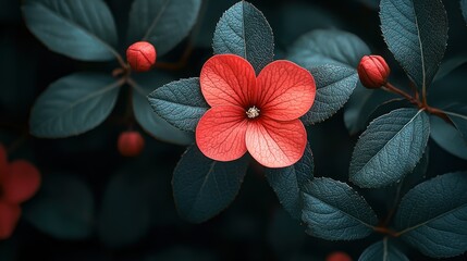Stunning Close-up of a Vibrant Red Flower Blossom Amidst Lush Dark Green Foliage