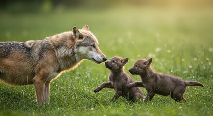 Obraz premium Wolf Mother and Pups in Meadow - A beautiful of a mother wolf tenderly interacting with her two adorable pups in a lush green meadow bathed in golden sunlight