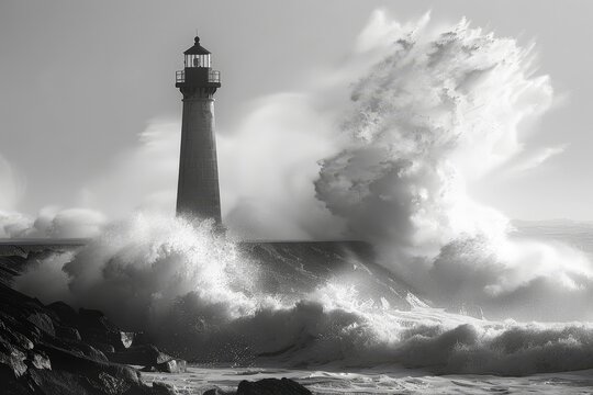 A lone lighthouse stands tall on a rocky shore, enduring crashing waves in a dramatic black and white photograph, Lone lighthouse standing tall against crashing waves