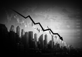 Financial crisis in realty market depicted with candlestick charts, descending arrow over modern city skyline. Investment chart data visualization showing downturn.