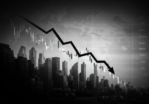 Financial crisis in realty market depicted with candlestick charts, descending arrow over modern city skyline. Investment chart data visualization showing downturn. - Powered by Adobe