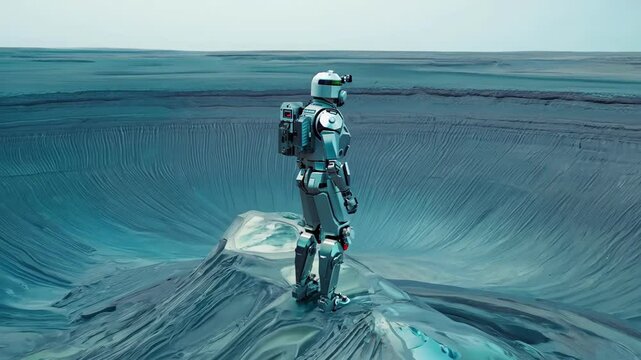 Futuristic Robot Exploring Massive Asteroid Impact Crater on Alien Planet. Concept of Space Exploration, Extraterrestrial Geology, Advanced Robotics, Futuristic Technology, artificial intelligence