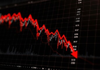Red arrow showing downward trend on financial graph. Business stock market chart with falling line. Digital data visualization for investment analysis concept.