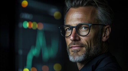 A contemplative man with glasses looking at the camera closely