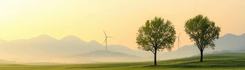 Fototapeta premium Two trees stand near mountains and wind turbines at dawn