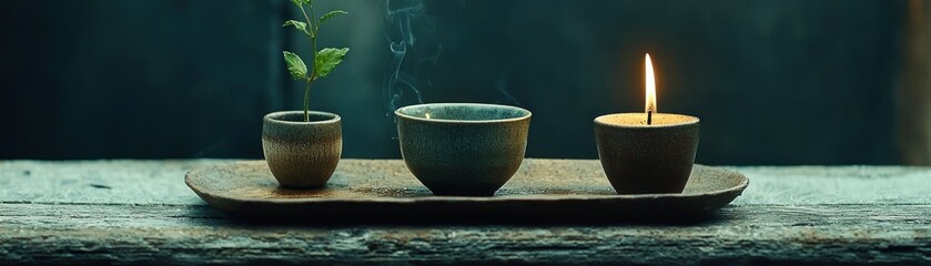 Tranquil arrangement shows a plant a cup and a burning candle