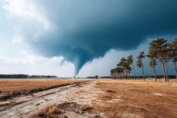 Powerful tornado forms over rural landscape with trees and dramatic clouds in the background