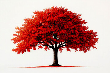 Vibrant red foliage tree stands tall on white background