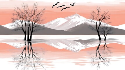 Sunrise Mountain Reflection, Calm Trees, Birds, Peaceful Scenery, Possible use in greeting cards or nature wallpapers