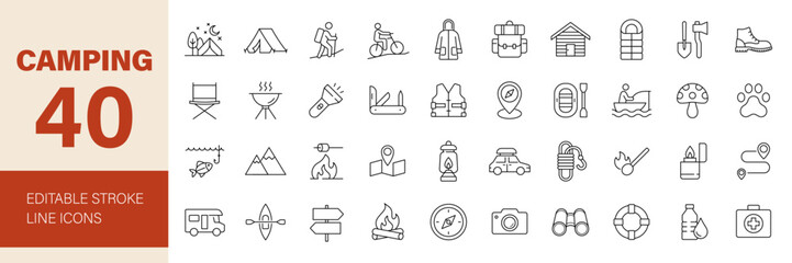 Camping icon set. Outdoor activities related line icons: camp, tent, fishing, forest, campfire, hiking, mountain, biking, adventure and more. Editable stroke. Vector illustration.