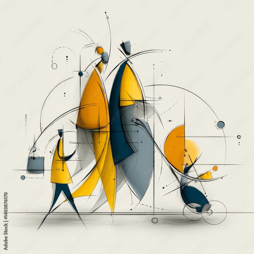Leinwandbilder Abstract Figures in Motion: A Dynamic Composition of Lines, Shapes, and Color Fields with Intersecting Trajectories