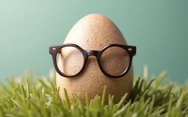 Whimsical close-up of a quirky brown egg wearing black glasses nestled on lush green grass against a soft light blue background, perfect for creative and humorous conceptual projects highlighting play