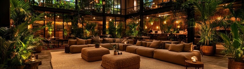 A luxury lounge area surrounded by plants and cozy furniture