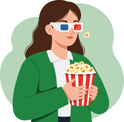 A young woman wearing 3D glasses holds a striped popcorn bucket while enjoying a movie in a flat vector illustration