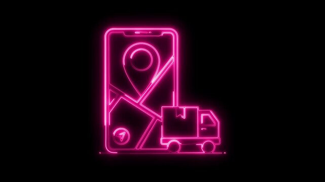 Glowing neon delivery service icon isolated on black background. HD Video motion graphic animation