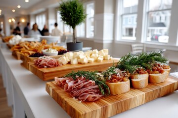 Delicious appetizer spread at a social gathering in a bright, modern venue