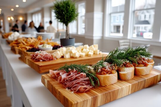 Delicious appetizer spread at a social gathering in a bright, modern venue