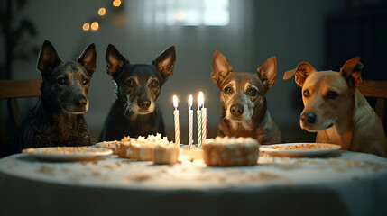 Four Dogs at Birthday Party with Cake and Candles
