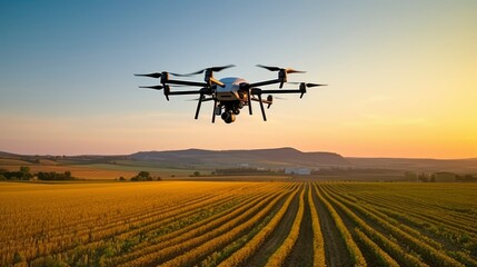 Fototapeta premium Drone Surveying Agricultural Fields at Sunset