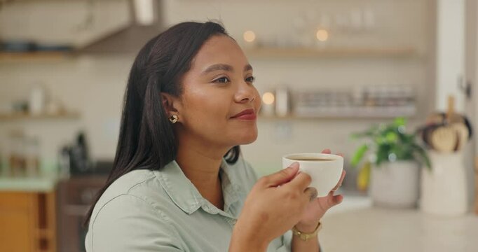 Happy, woman and thinking with coffee in home planning a holiday or vacation with peace in morning. Person, smell and drink espresso latte or green tea in kitchen with smile and inspiration for ideas