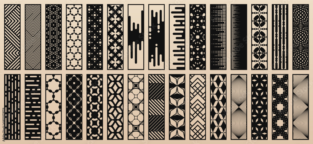 Aufkleber Vector bundle of 30 templates for laser, CNC cut. Unique design with abstract geometric patterns, modern geo ornaments. Stencils for plotter cutting of wood, paper, metal, plywood. Aspect ratio 1:4
