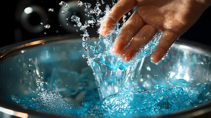Fototapeta premium Water Splashing In Bowl: A dramatic closeup of a hand creating a captivating water splash in a stainless steel bowl. The water droplets are frozen in time.