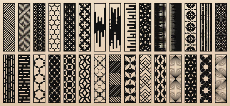 Vector bundle of 30 templates for laser, CNC cut. Unique design with abstract geometric patterns, modern geo ornaments. Stencils for plotter cutting of wood, paper, metal, plywood. Aspect ratio 1:4