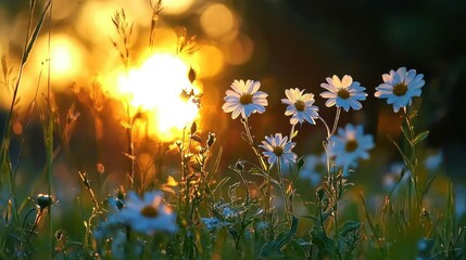 White daisies are illuminated by sunlight during golden hour