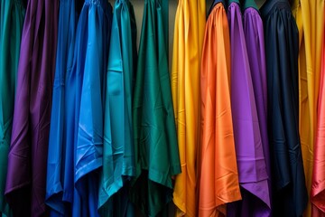 A rainbow of academic robes hangs in a row, showcasing the various colors worn for different degrees, A rainbow of academic robes
