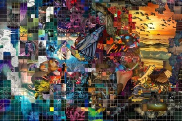 Fototapeta premium A vibrant digital artwork mosaic showcasing a diverse range of images, including a sunset, birds, and intricate patterns, A mosaic of digital artworks that come together to form a larger image