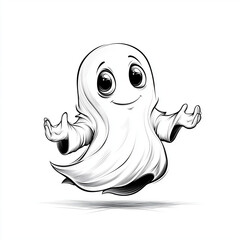 Cute cartoon ghost smiling and floating in a simple background  