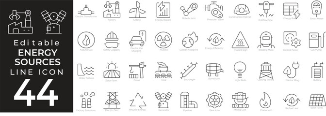 Energy Source icon set in modern line style. Includes symbols for renewable energy, solar power, electricity, eco-friendly solutions, factory production, and sustainable technology. Editable s