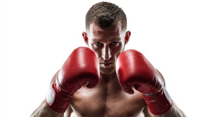 Fighter Training in Red Boxing Gloves with Intense Stare on White