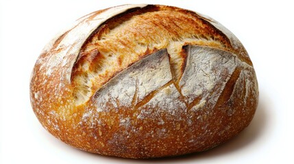 Baked round artisan bread loaf with golden crust on white backdrop