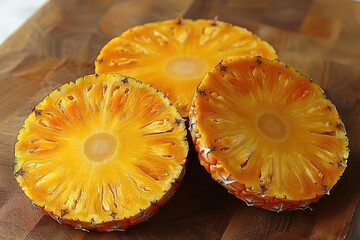 Three Sliced Pineapple Pieces on a Wooden Cutting Board