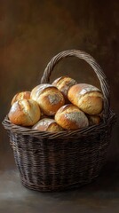 Freshly baked artisan rolls in a woven basket on rustic wooden table